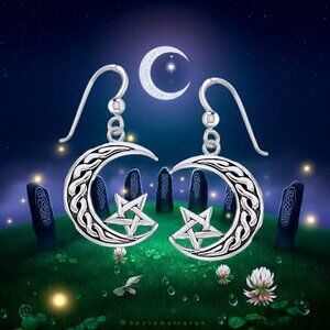 Pentagram on Celtic Crescent Moon Sterling Silver Earrings